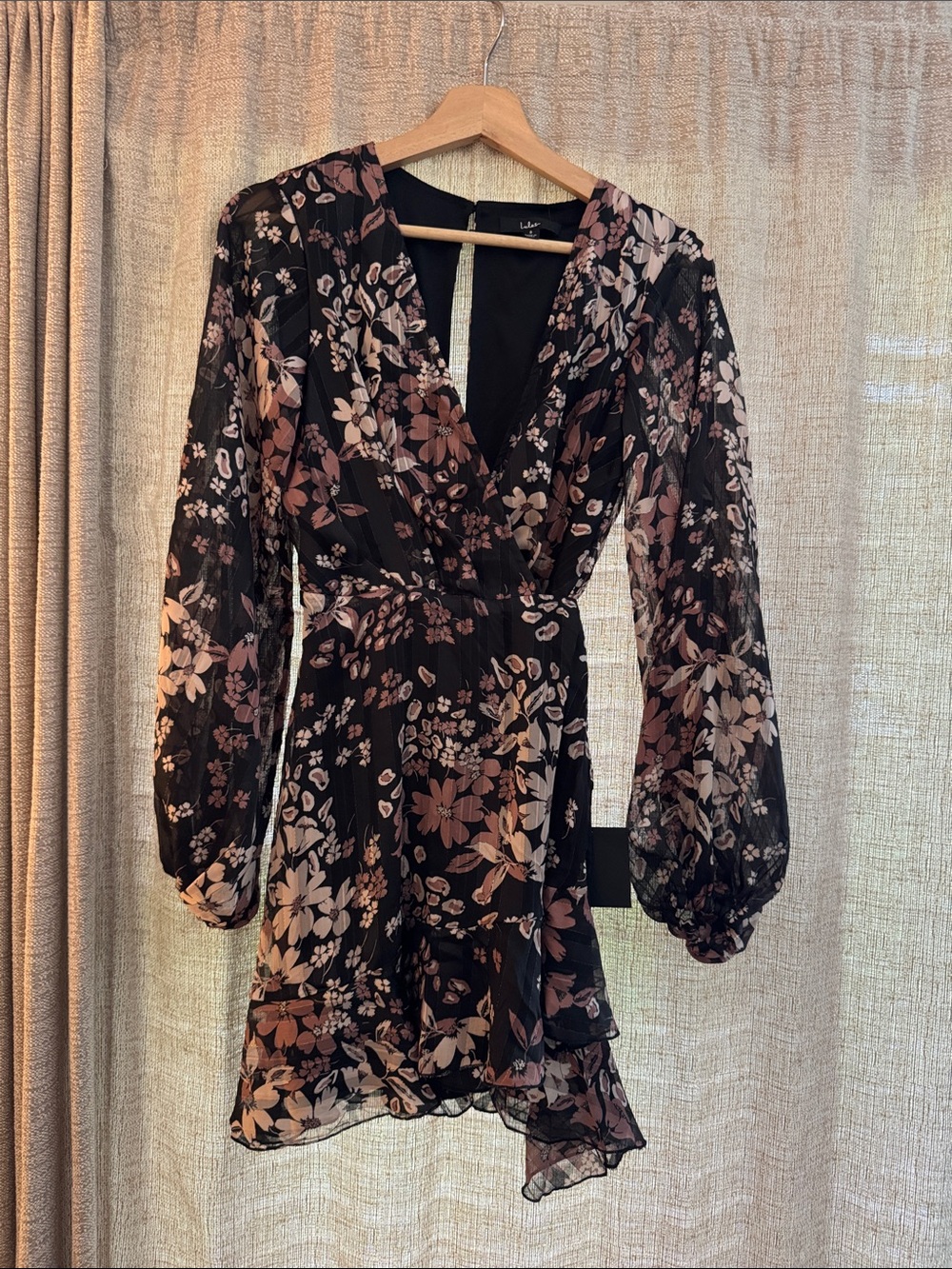 Lulu's Black Floral Long-Sleeve Wrap Dress with Blush Blooms